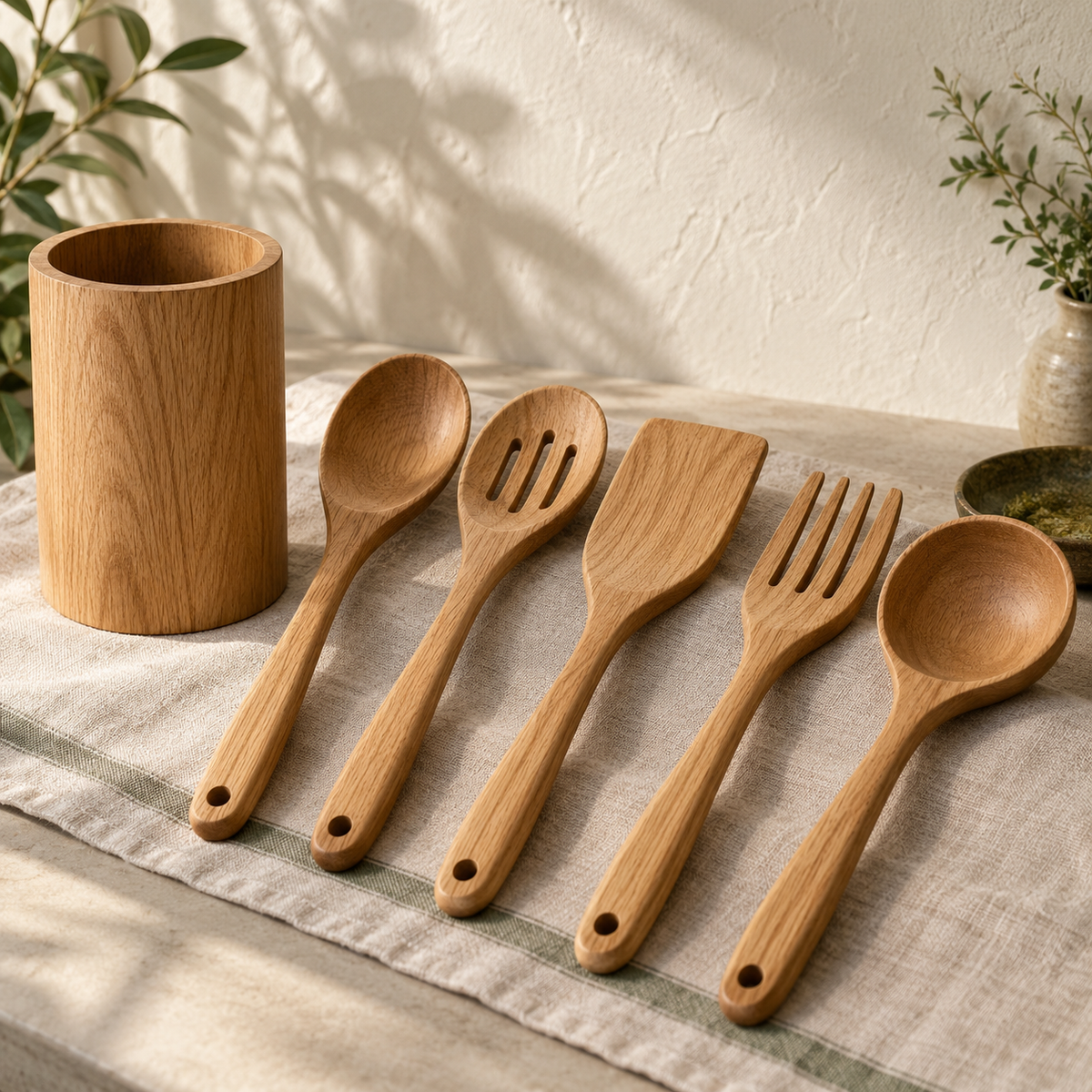 Mosselune Woodland Wooden Kitchen Utensil Set with Holder