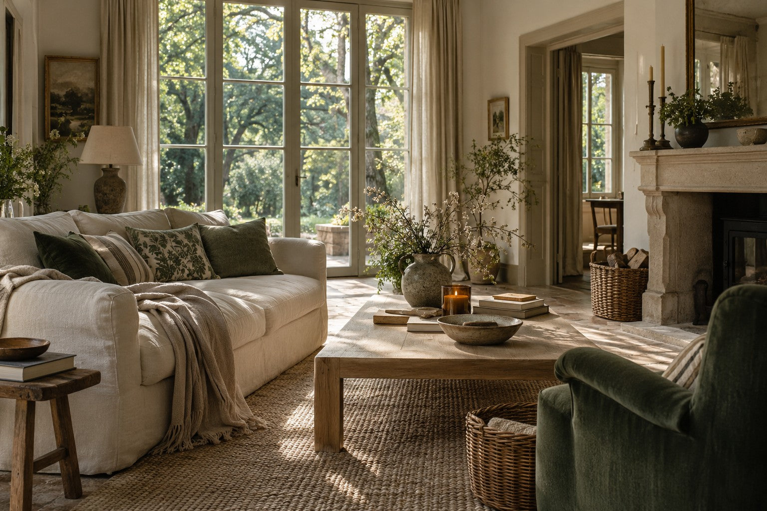 Cream linen, natural oak and woodland light in a quiet living room
