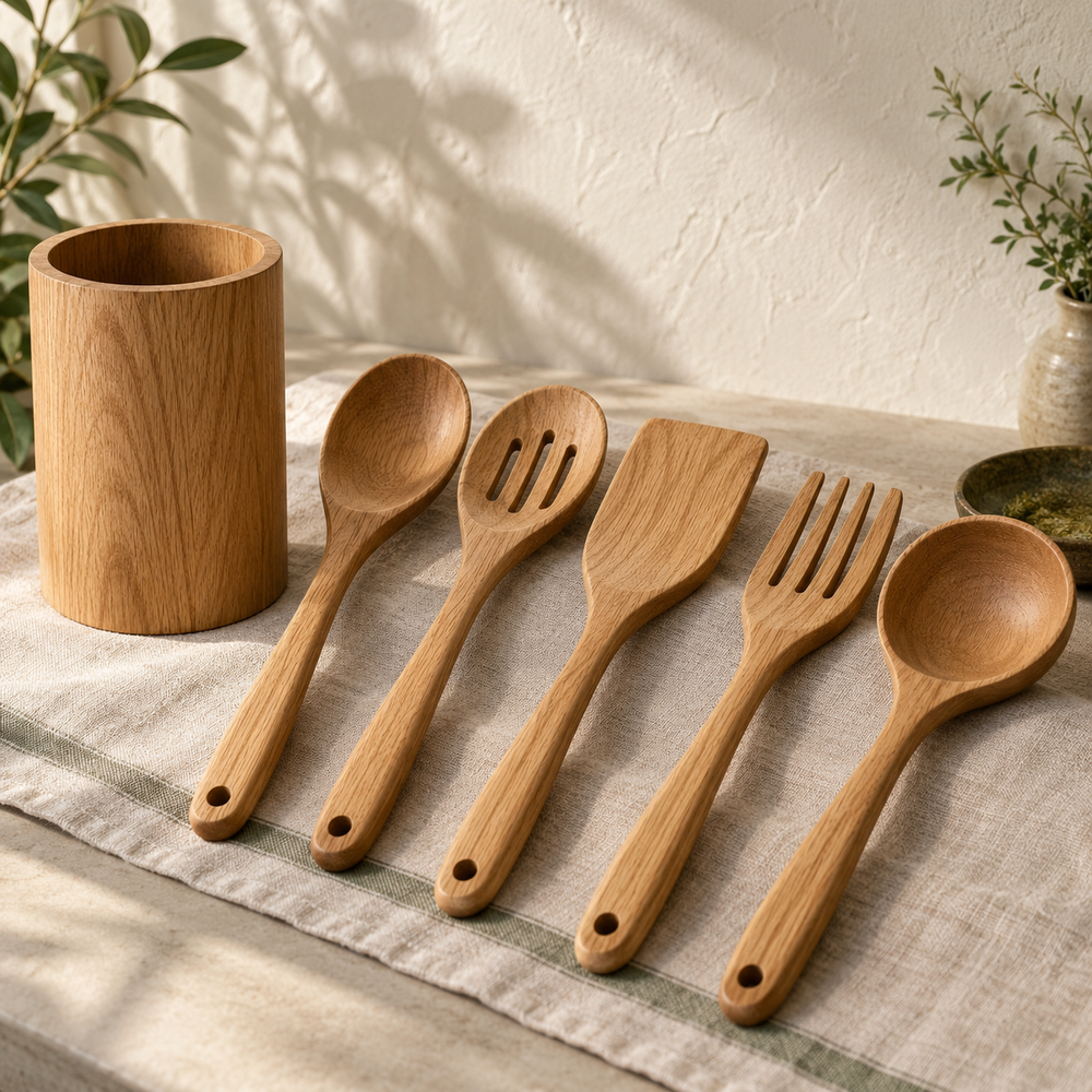 Mosselune Woodland Wooden Kitchen Utensil Set with Holder